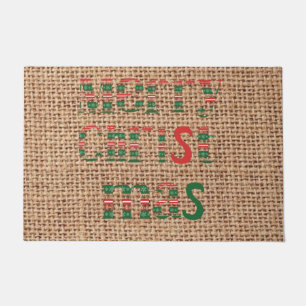 Felpudo Feliz Navidad clásico tartán texto en burlap lindo