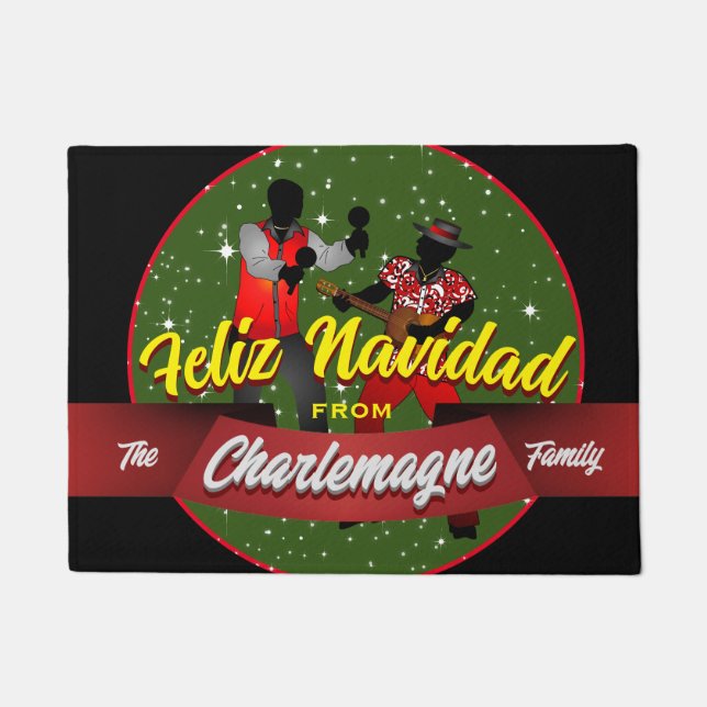 Felpudo Feliz Navidad con Parranderos y NOMBRE DE FAMILIA (Anverso)