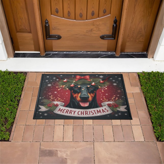 Felpudo Feliz Navidad Doberman Perro Twinkling Noches Luce (Exterior)