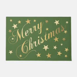 Felpudo Feliz Navidad Elegante Script Gold Stars Green