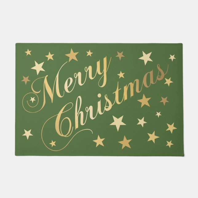 Felpudo Feliz Navidad Elegante Script Gold Stars Green (Anverso)