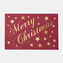 Felpudo Feliz Navidad Elegante Script Gold Stars Red