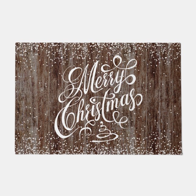 Felpudo Feliz Navidad Fancy Typography Wood Snowfall (Anverso)