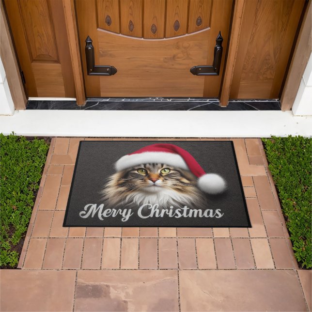 Felpudo Feliz Navidad, gato noruego del bosque, Santa Kitt (Exterior)