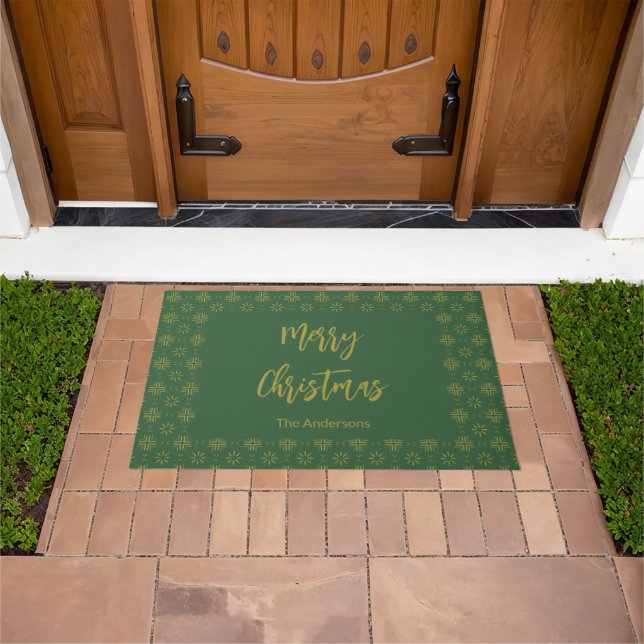 Felpudo Feliz Navidad Green y Gold Script Name (Exterior)