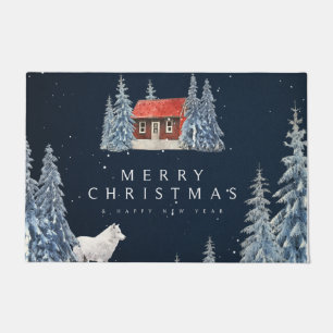 Felpudo Feliz Navidad Lobo Blanco y Escena de Cabina Roja