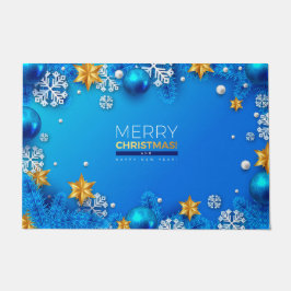 Felpudo Feliz Navidad Ornamentos estrellas doradas Azul