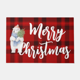 Felpudo Feliz navidad oso rojo plaid escocés oso polar lin