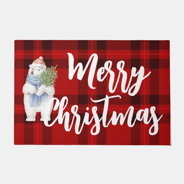 Felpudo Feliz navidad oso rojo plaid escocés oso polar lin (Anverso)