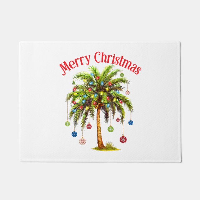Felpudo Feliz Navidad Palm Tree Light Tropical Hawaiano (Anverso)
