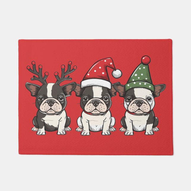 Felpudo Feliz Navidad Perros Terrier de Boston (Anverso)