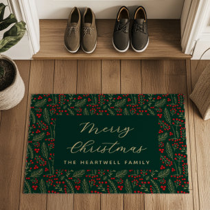 Felpudo Feliz Navidad Personalizado Botánico Oscuro