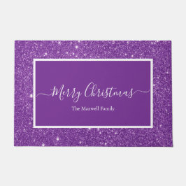 Felpudo Feliz Navidad purpurina púrpura nombre de familia 