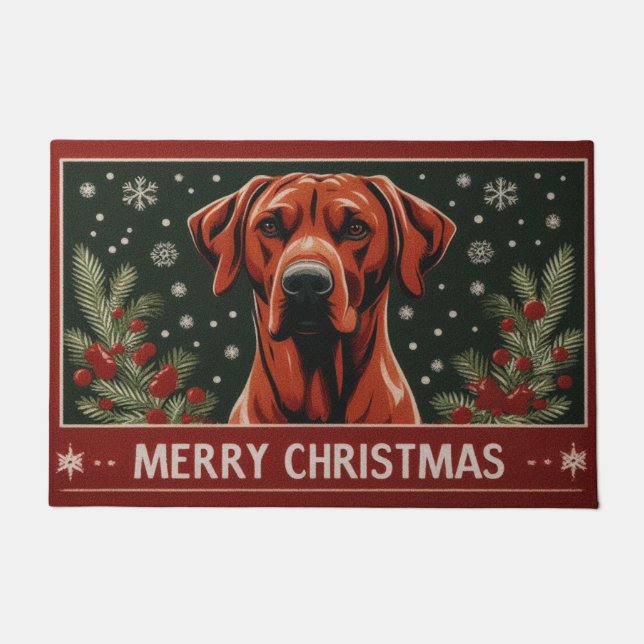 Felpudo Feliz Navidad Rhodesian Ridgeback Perro Santa Hat (Anverso)