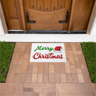 Felpudo Feliz Navidad Santa Hat rojo green script
