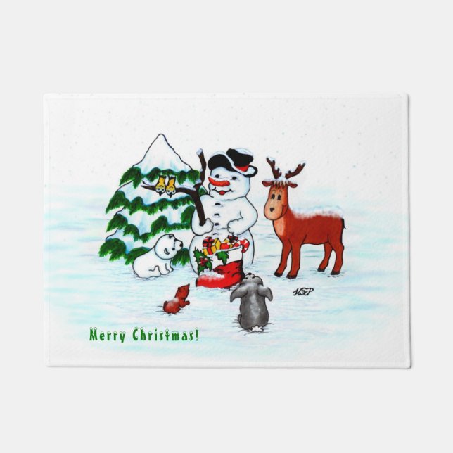 Felpudo ¡Feliz Navidad! Snowman con sus amigos (Anverso)