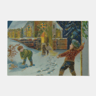 Felpudo Feliz Navidad - Tarjeta postal vintage de pelea de