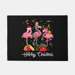 Felpudo Feliz Navidad Tres Flamingo Con Santa Hat