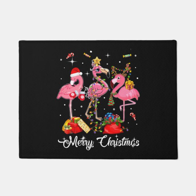 Felpudo Feliz Navidad Tres Flamingo Con Santa Hat (Anverso)