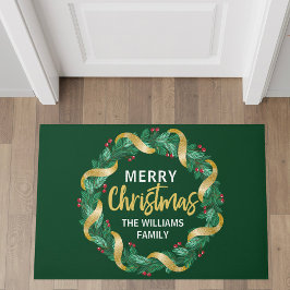 Felpudo Feliz Navidad Wreath Family Monograma Verde