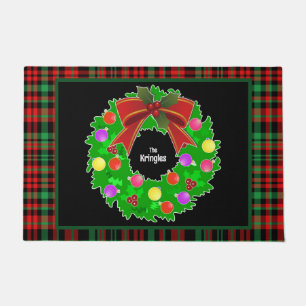 Felpudo Feliz Navidad Wreath personalizada Red Green Plaid