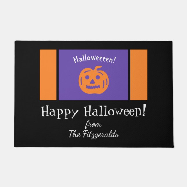 Felpudo Feliz nombre de familia de calabazas de Halloween (Anverso)