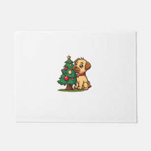 Felpudo Feliz perro navideño con un bonito árbol para adul
