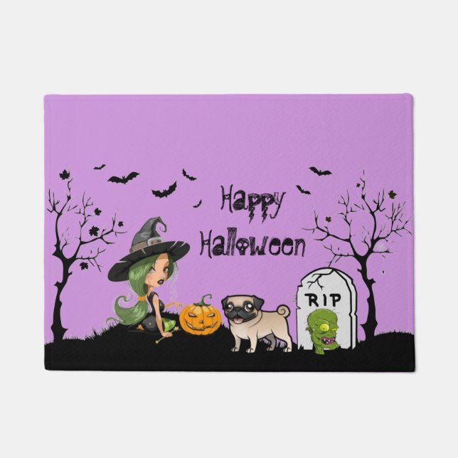 Felpudo Feliz Pug De Halloween Y Mala Bruja (Anverso)