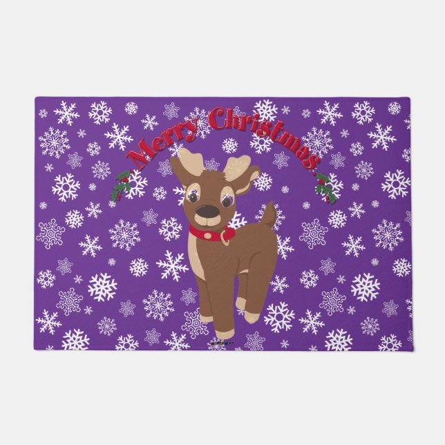 Felpudo Feliz reno navideño con copos de nieve (Anverso)