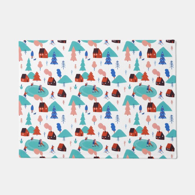 Felpudo Festividad de nieve azul Navidades vacaciones de i (Anverso)