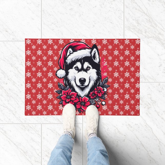 Felpudo Festividad floral Husky Dog con Santa Hat Xmas cac (Interior)