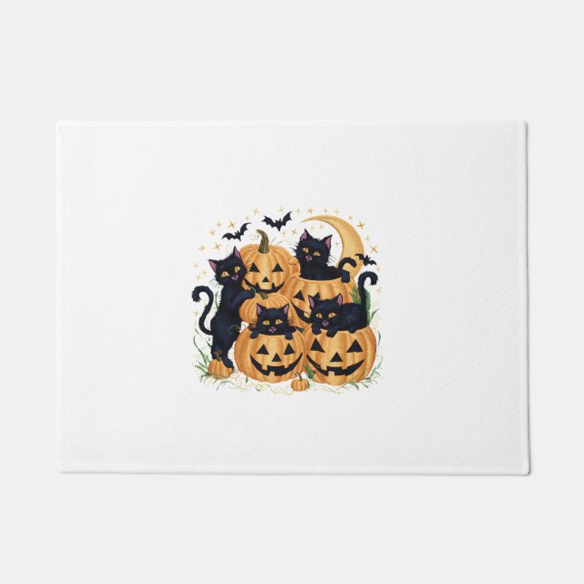 Felpudo Fiesta de Halloween Cuece Gatos Negros y Calabazas (Anverso)