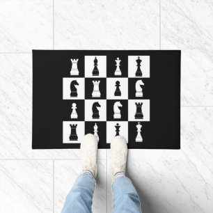 Felpudo Figuras de juego de ajedrez negro y blanco patrón