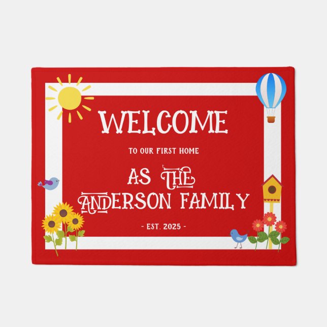 Felpudo First Home Welcome Typography Sunflower Red White (Anverso)