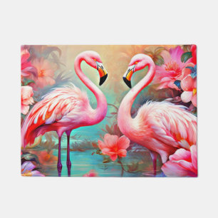 Felpudo Flamencos rosas en un lago con flores-20231