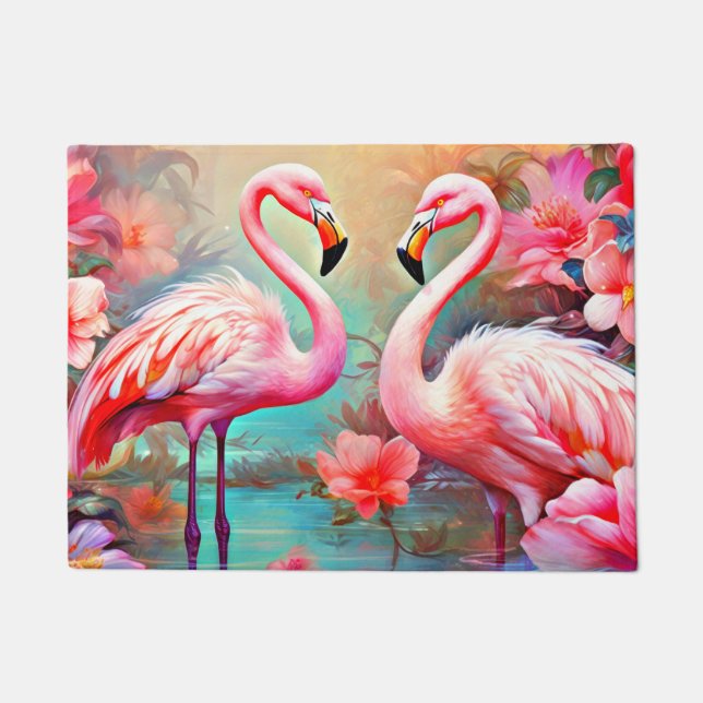 Felpudo Flamencos rosas en un lago con flores-20231 (Anverso)