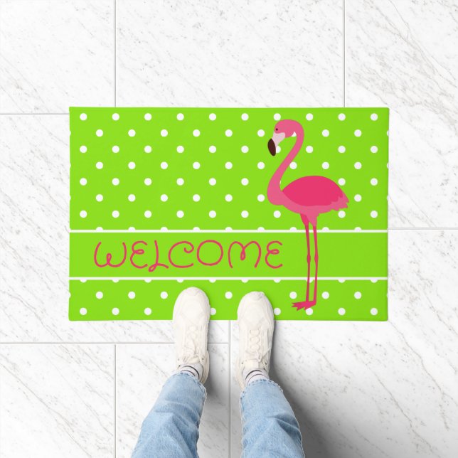 Felpudo Flamingo de polka rosa y verde personalizado (Interior)