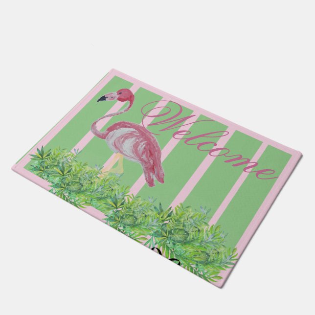 Felpudo Flamingo Flamingos Pink Palm Doormat (Angular)