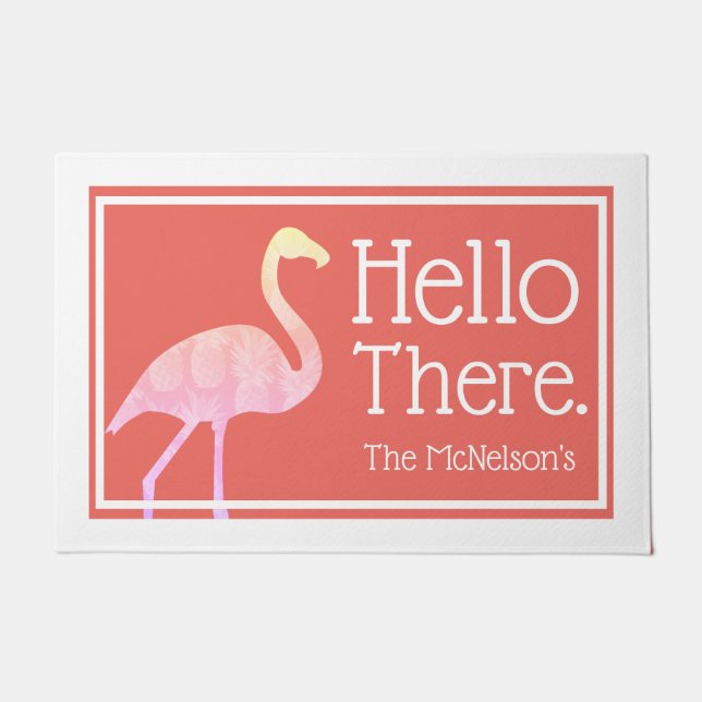 Felpudo Flamingo rosa tropical Hola (Anverso)