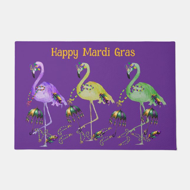 Felpudo Flamingos Costeros de Mardi Gras (Anverso)