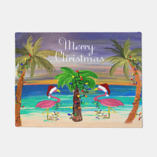 Felpudo flamingos de Navidad y palmeras costeras
