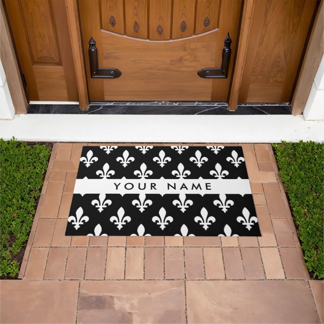Felpudo Fleur de Lis, Blanco sobre Negro, Blanco, Tu Nombr (Exterior)