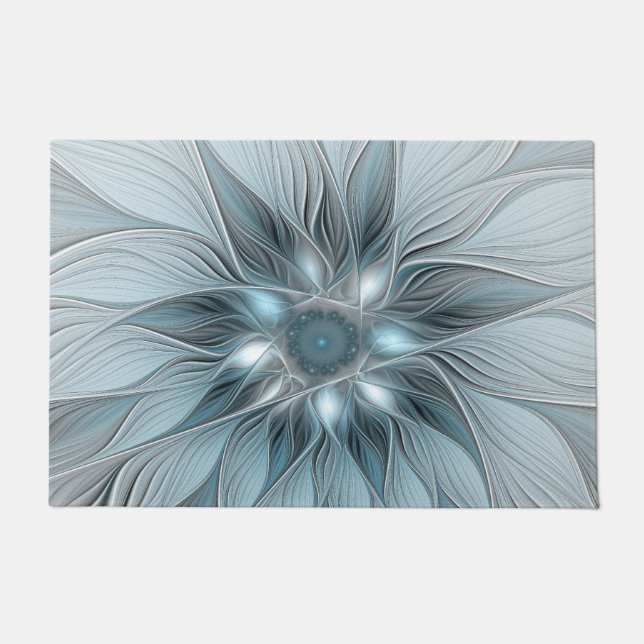 Felpudo Flor abstracta alegre azul gris fractal floral (Anverso)