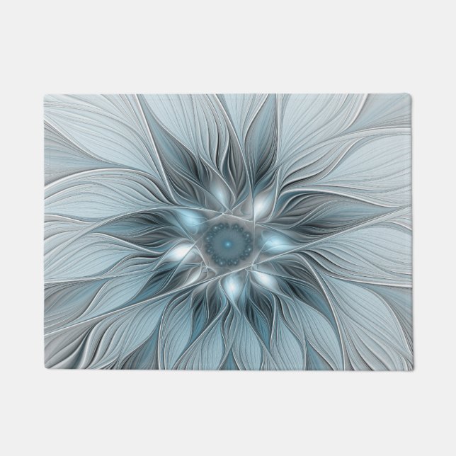 Felpudo Flor alegre Abstracto Floral Gris azul Fractal (Anverso)