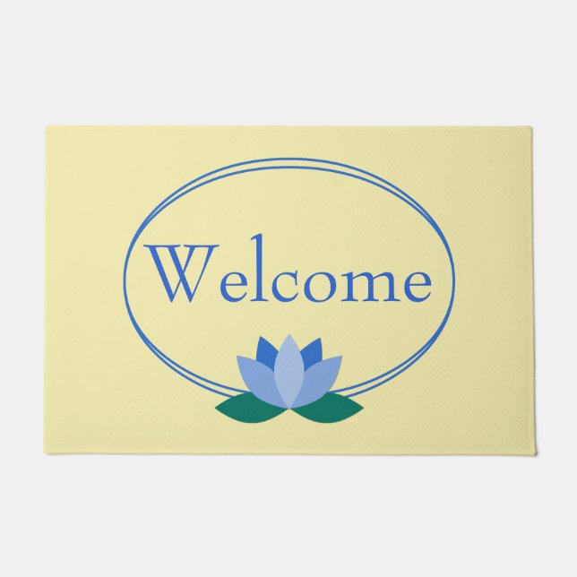 Felpudo Flor azul Lotus en amarillo | Bienvenida (Anverso)