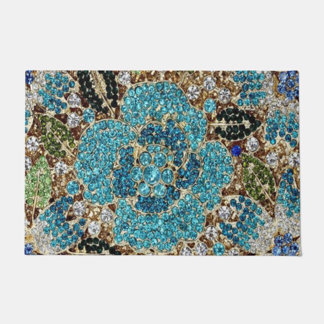 Felpudo flor azul turquesa plateada de moda femenina (Anverso)