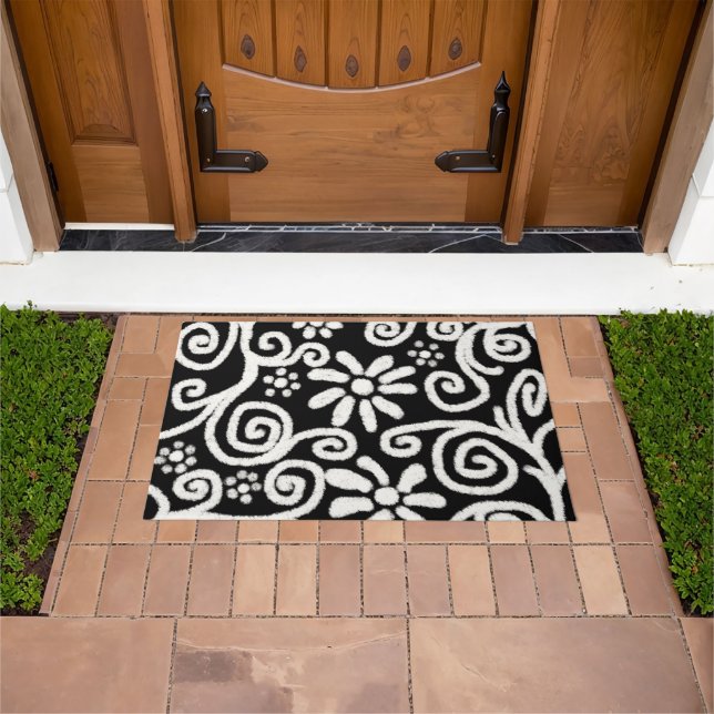 Felpudo Flor blanca y flor negras Flores Flores giratorias (Exterior)