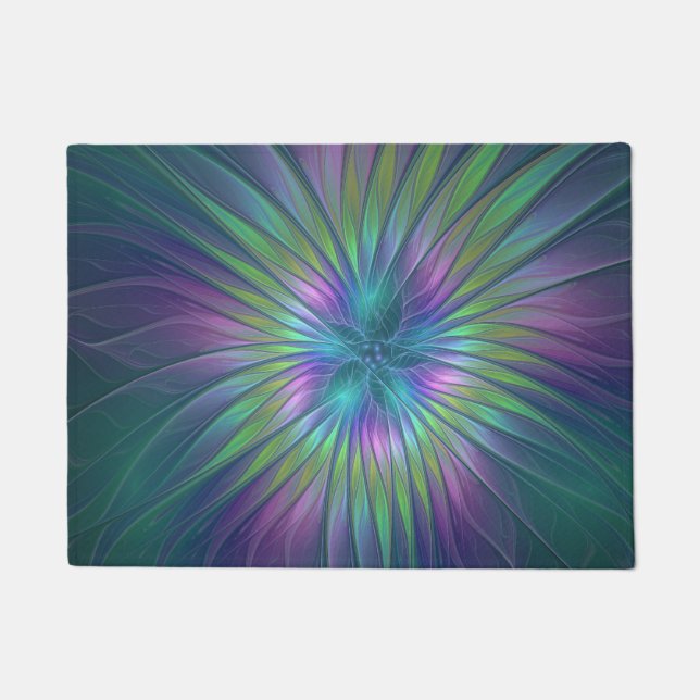 Felpudo Flor brillante colorida Abstracto de arte fractal (Anverso)