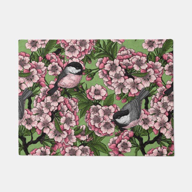 Felpudo Flor de cerezo y pollos en verde (Anverso)