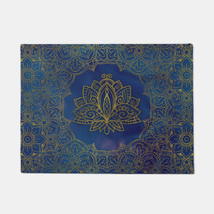 Felpudo Flor de Lotus elegante del oro en azul